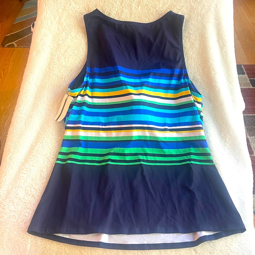 Lands' End High Neck Modest Tankini Top. Navy w/Multicolor stripes. Size 16L NWT - Picture 4 of 5